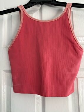 Athleta Ribbed Coral-Pink Crop Tank with Light-Pink Trim